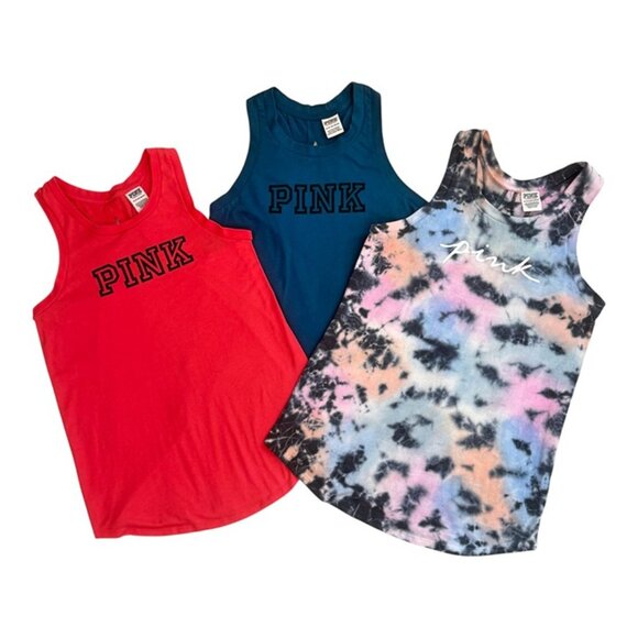 PINK Victoria's Secret Racerback Tanks! Lot of 3, XS, EUC! Red/Blue/Tie Dye - Picture 2 of 8